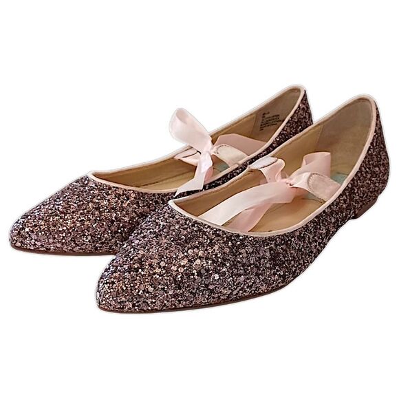 Betsey Johnson Glittery Ballet Flats 6M Lia Balletcore Bow Tie Romantic Coquette - Picture 6 of 16